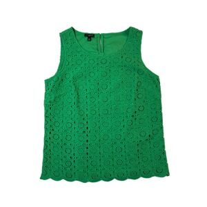 Talbots Tank Top Womens Petites 4P Green Embroidered Eyelet Design Scalloped Hem